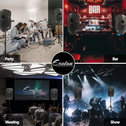 EXOTON 10 inch Professional Dual Powered PA Speakers, 2-Way Active&Passive Loudspeakers, PA System Combo Set with Microphone/Tripods/Remote Control/Bluetooth/USB, Indoor&Outdoor