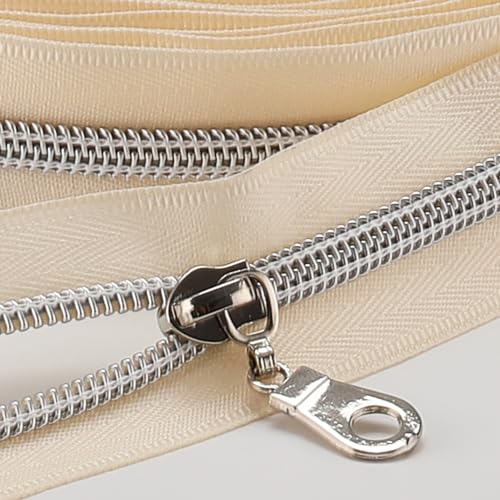 Sawoake 10 Yards Bulk Zipper(#5), Beige Nylon Coil Zipper with Silver Teeth by The Yards, Replacement Sewing Zipper with 10PCS Zipper Sliders for DIY Sewing Craft Bags(#5 Silver Beige) - color: Silver-Beige