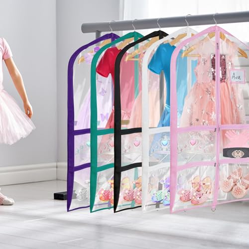Univivi 40 Inch Dance Costume Garment Bags for Dancers, Clear Pink, 6 Pack | Breathable Fabric, PVC Window, 4 Clear and 1 Back Zip Pocket, Upgraded Version, Foldable Dance Costume Garment Bag - color: 40"Clear Pink, size: 6 Pack