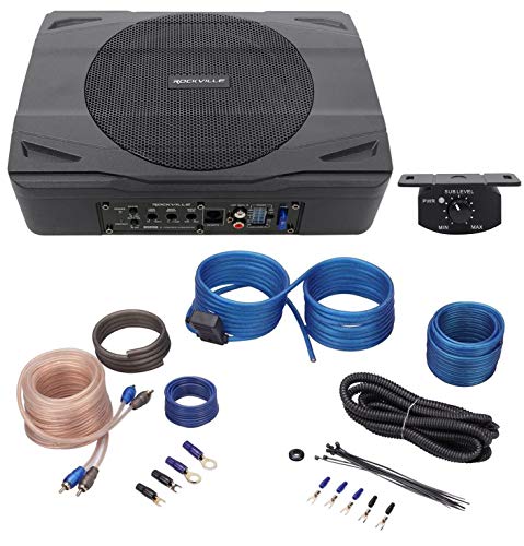 Rockville SS8P 8" Powered Under-Seat Car Subwoofer with RWK10 Amp Kit | 400W Peak / 100W RMS, RCA and High-Level Inputs, Auto Turn-On, Bass Knob, 10 Gauge 100% Copper Wiring, 2-Items
