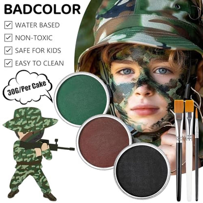 Black Green Brown Camo Face Paint with Brushes Set, Water Based Face Painting Kit for Camouflage Military Hunting & Paintball, Facepaint for Kids & Adults Halloween Special FX Cosplay Costume Makeup - color: Black+Green+Brown+3Pcs Brushes