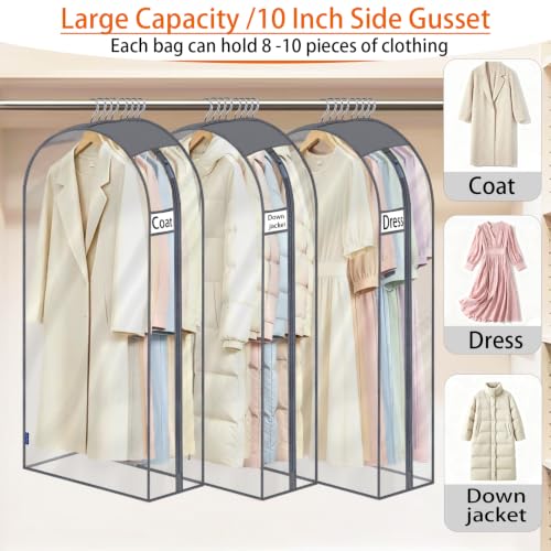52" Clear Garment Bags for Hanging Clothes 10" Side Gusset, Suit Bags for Closet Storage, Suit Cover for Shirts Coats Dresses (24"X52"X10" 3Pack) - size: 52" 3pack