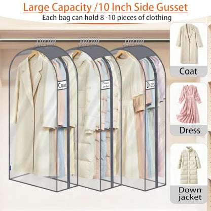 52" Clear Garment Bags for Hanging Clothes 10" Side Gusset, Suit Bags for Closet Storage, Suit Cover for Shirts Coats Dresses (24"X52"X10" 3Pack) - size: 52" 3pack