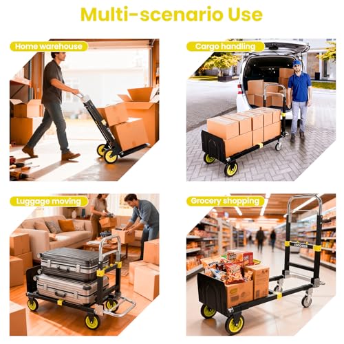 3-in-1 Folding Hand Truck, 600lb Convertible 4 to2 Wheel Dolly Cart Yellow - color: Yellow-1