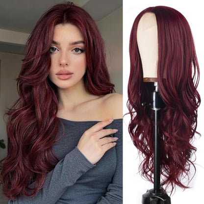 Aida ble Long Wine Red Wig for Women 26inch Burgundy Wavy Middle Part Wig | Natural Looking Synthetic Wig,Suitable for Daily Wear,Party,Halloween and Cosplay,Beginner-friendly,Lightweight and soft - color: wine red