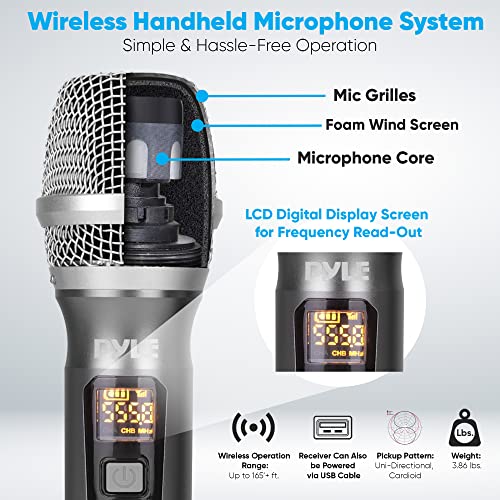 Pyle Dual UHF Wireless Microphone System - Professional Handheld Dynamic Cordless Mics with Receiver Kit - Battery Powered, Unidirectional, Clear Vocals w/ 165ft+ Range - for PA, Karaoke, DJ, Party