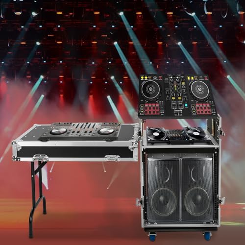 12U Mobile PA DJ Rack Road Case, Network & Stereo Rack with DJ Mixer Tops, Heavy-Duty 2-Tier Studio Equipment Cabinet with 4 Wheels, Amplifier Mixer Storage Stand for Live Sound, KTV, Home Theater - size: 12U / Side Table