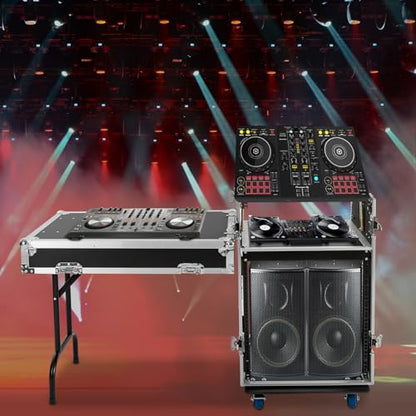 12U Mobile PA DJ Rack Road Case, Network & Stereo Rack with DJ Mixer Tops, Heavy-Duty 2-Tier Studio Equipment Cabinet with 4 Wheels, Amplifier Mixer Storage Stand for Live Sound, KTV, Home Theater - size: 12U / Side Table