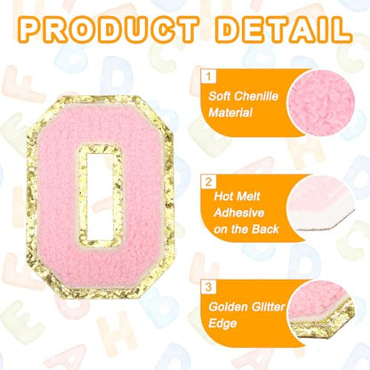 MECCANIXITY Chenille Letter Patches 3.1" Alphabet O Iron on Embroidered Patch Sew on Letter Stickers Applique for Repairing Clothing Jeans Shoes Hats DIY(Pink, Pack of 6) - style: Letter-O