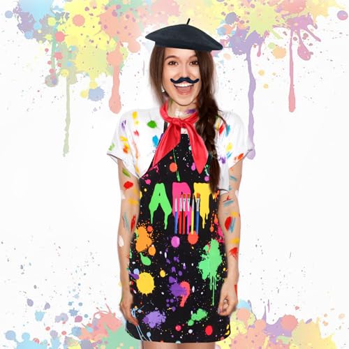 Kyson Artist Costume for Adult 8 Pcs Painter Halloween Dress Up with Beret Apron Palette Paint Brushes Earrings Bandana Beard - color: Black Art Apron
