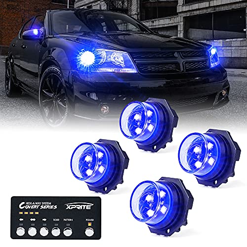 Xprite Blue LED Hideaway Strobe Lights Kit, 20 Flash Modes w/Control Panel Headlights Taillights Fog Light Interior Mounting for Construction Towing Snow Plow Pickup Work Trucks Cars 4 PCS - color: Blue, size: 4 pcs