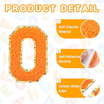 MECCANIXITY Chenille Letter Patches 2.2" Self Adhesive Alphabet O Stick on Embroidered Patch Sew on Letter Stickers Applique for Repairing Clothing Jeans Shoes Hats DIY(Orange, Pack of 2) - style: Letter-O