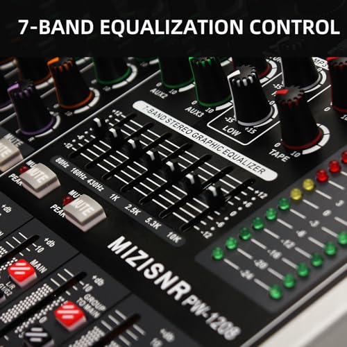 12 Channel Audio Mixer Professional Sound Mixing Board with 99 DSP Effects, 7-band EQ Digital DJ Mixer Console w/USB Bluetooth MP3 for Recording, Independent 48V Power & Mute Button - size: 12 Channel - 17.9inch