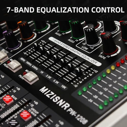 12 Channel Audio Mixer Professional Sound Mixing Board with 99 DSP Effects, 7-band EQ Digital DJ Mixer Console w/USB Bluetooth MP3 for Recording, Independent 48V Power & Mute Button - size: 12 Channel - 17.9inch