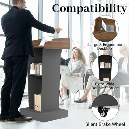 Wooden Podium Stand with Wheels, Stool and 2 Tier Storage, Wood Lecterns and Podiums with Storage, Premium Pulpits for Classrooms, Churches, and Conferences, 16MM Scratch-Resistant Finish - color: Brown/Grey