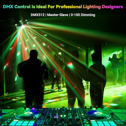 Moving Head DJ Light for Party 150W 6-Arm Remote Control | Disco Ball, LED RGB Ring, Red Green Starry, Strobe Multi Effects. DMX512 Sound Activated. For Stage, Wedding, Club, Events