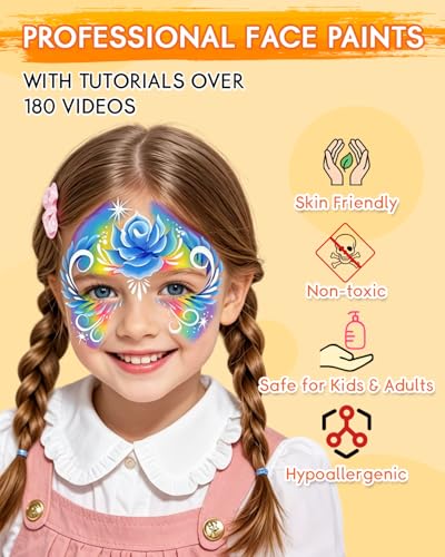 Anka Bella Face Painting Kit for Kids & Adults, Professional Water Activated Face Paint Palette with 14 Brushes, Stencils & Sponges, Non Toxic Hypoallergenic Washable for Drawing Various Flowers - color: BloomArt Palette