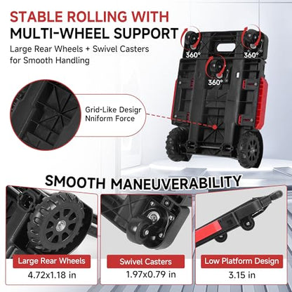 Folding Hand Truck Dolly, 220 lb Portable Utility Cart | with Expandable Base, 3 Adjustable Heights, 5-Wheel Collapsible Luggage Cart with 2 Ropes for Moving, Office and Travel