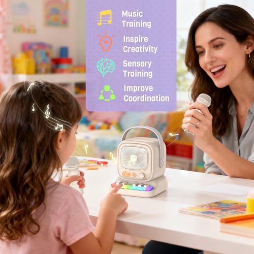 Mini Karaoke Machine with Colorful 7 Piano Keys,Top Christmas Birthday Gifts for 3 4 5 6 7 8 9 10 11 12+ Years Old, Portable Bluetooth Speaker with Wireless Microphone,Boys and Girls Gift-Beige - color: C60-Beige