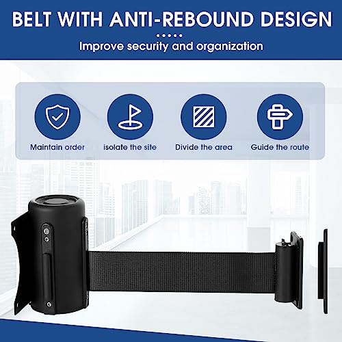 Thyle 2 Pieces Wall Mounted Retractable Belt Barrier Wall Mount Caution Belt with 10 Feet Black Belt Crowd Control Barriers Rope Safety Barriers for Indoor Outdoor Grocery Retail Store Stadium School