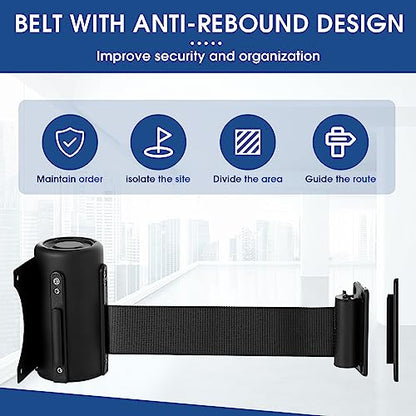 Thyle 2 Pieces Wall Mounted Retractable Belt Barrier Wall Mount Caution Belt with 10 Feet Black Belt Crowd Control Barriers Rope Safety Barriers for Indoor Outdoor Grocery Retail Store Stadium School