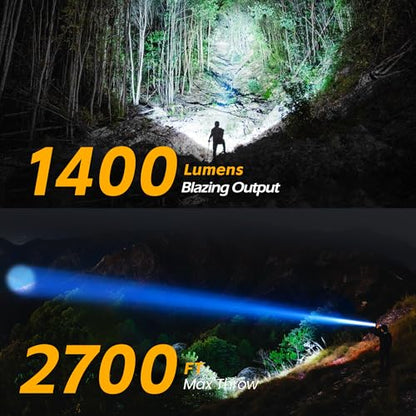 FORTO Rechargeable Spotlight 1400 Lumens – Zoomable Handheld LED Flashlight, 8H Battery, 2700ft Beam, Adjustable Focus & Stand for Camping Hunting Emergency – Great Gift - color: Yellow