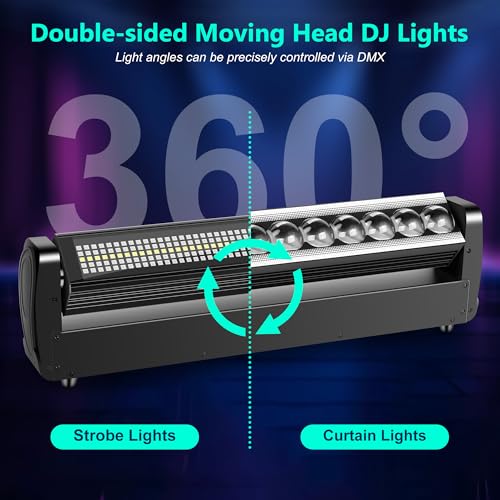 Moving Head DJ Light Bar,250W 4IN1 RGBW Wash&Strobe Light Bar 360° Double-Sided Moving Head Stage Lights with DMX512/Sound/RDM Professional DJ Uplights for Party Wedding Band Gig Disco 1Pack