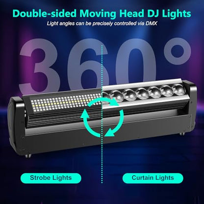 Moving Head DJ Light Bar,250W 4IN1 RGBW Wash&Strobe Light Bar 360° Double-Sided Moving Head Stage Lights with DMX512/Sound/RDM Professional DJ Uplights for Party Wedding Band Gig Disco 1Pack