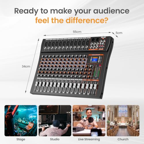 Audio Mixer Sound Board, Bluetooth Music Mixing Board (12 Channels) | 24 Bit Dsp Effects, Bluetooth 5.0 & USB Input, +48V Phantom Power, 3 Band EQ, PFL Monitor, Streaming, Podcast, Studio, Church - size: GP120