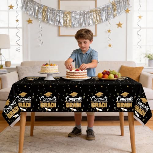 Graduation Table Cover 54x108 Inches, Black Gold Party Tablecloth for Food Table, Gift Table, Graduation Decor - style: Black Gold Tablecloth