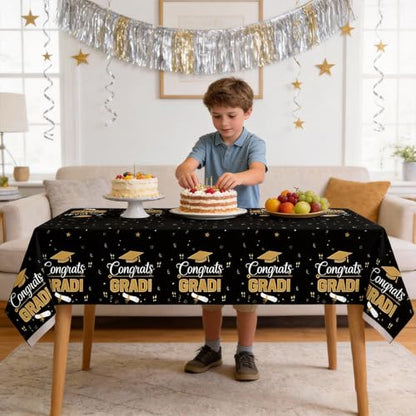 Graduation Table Cover 54x108 Inches, Black Gold Party Tablecloth for Food Table, Gift Table, Graduation Decor - style: Black Gold Tablecloth