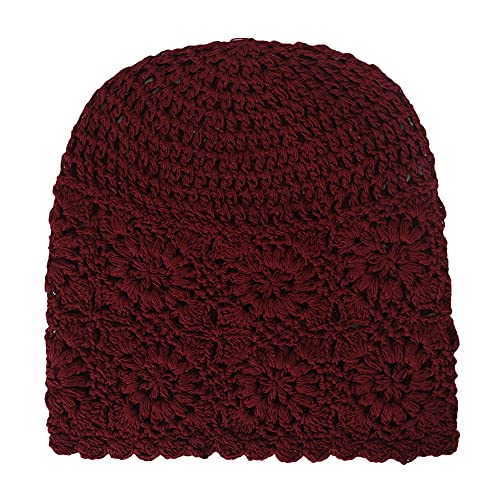 ZLYC Women Cotton Crochet Slouchy Beanie Hat Handmade Knit Summer Skull Cap | Lightweight breathable,boho casual chic look,travel photos festival party,café commute daily wear,beach concert gathering - color: Burgundy Red