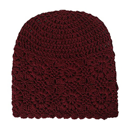 ZLYC Women Cotton Crochet Slouchy Beanie Hat Handmade Knit Summer Skull Cap | Lightweight breathable,boho casual chic look,travel photos festival party,café commute daily wear,beach concert gathering - color: Burgundy Red