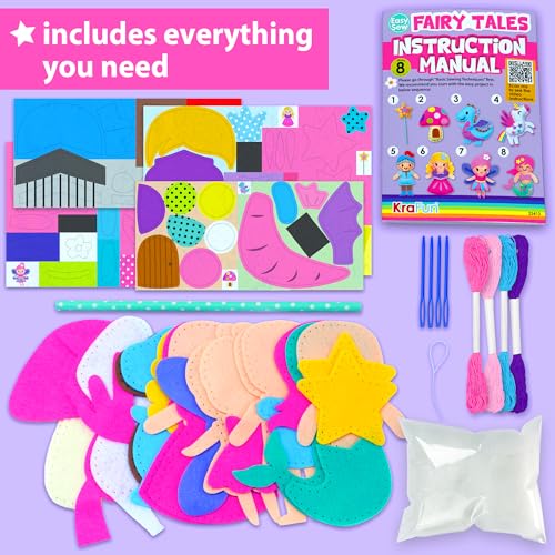 KRAFUN Fairy Tales Sewing Kit for Kids Ages 5-10 | 8 Projects | Sew 8 felt plush fairy tale toys with pre-punched holes. Beginner craft for girls. Educational gift ages 5-10 - color: Fairy Tales