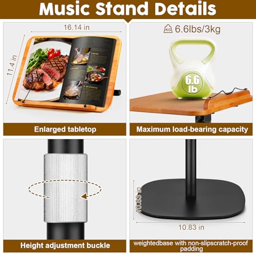 2 in 1 Dual-use Music Stand & Desktop Book Stand, Adjustable Height 16.5"-51", 100% Solid Wood Laptop Floor Stand Book Holder with Elastic Page Clips for Cookbooks (Brown with Tray) - color: Brown With Tray