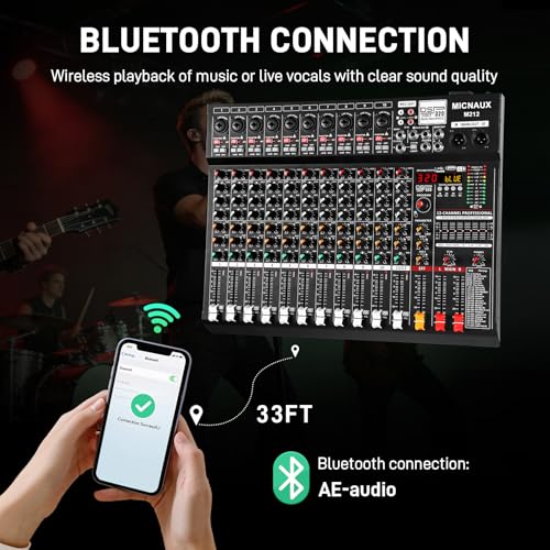 Audio Mixer 12 Channel Professional Sound Console Music Mixer with 320 DSP Effects, 7-band EQ DJ Mixing Board w/USB, Bluetooth, 48V Power Supply, PAD Button for Recording Karaoke PA Drum Live - size: 12 Channel - 17.4in
