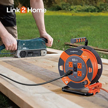 Link2Home 60 Ft. Extension Cord Reel, 4 Power Outlets, 14 AWG SJTW | Heavy-duty cable, high-visibility jacket, ideal for job sites and garages - size: 60 feet