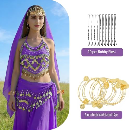 Wuchieal Set of 4 pcs Belly Dancer Outfit Sets, Chiffon Head Scarf,Belly Dance Hip Scarf, 10 Bobby Pins, 18 Metal Bracelets - color: Purple