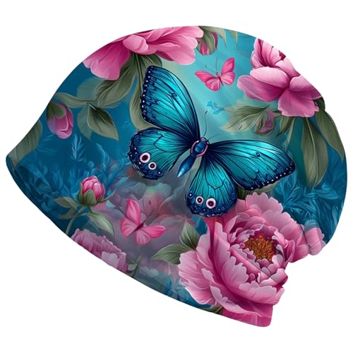 Art Owl Women's Slouchy Beanie Hat Cute Turban Hats Cancer Headwear Caps Baggy Skull Sleep Scarf - color: Pink Flower Butterfly