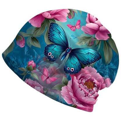 Art Owl Women's Slouchy Beanie Hat Cute Turban Hats Cancer Headwear Caps Baggy Skull Sleep Scarf - color: Pink Flower Butterfly