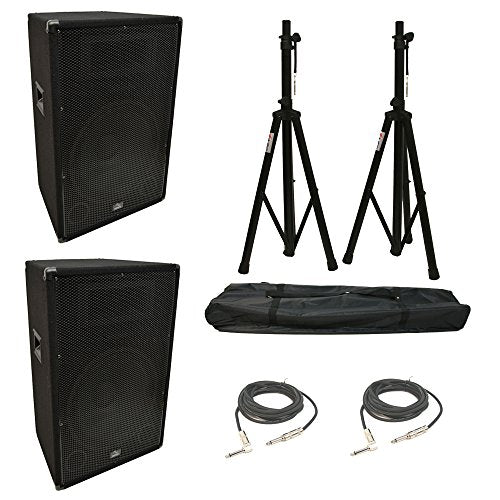 15 Inch Passive PA Speaker Pair with Stands and Cables 900W - Harmony Audio | Twin 900 Watt Venue Cabinets, Complete Mobile DJ Rig, Full Kit Included, Karaoke Band Live Sound, HA-V15P Pro Series Duo