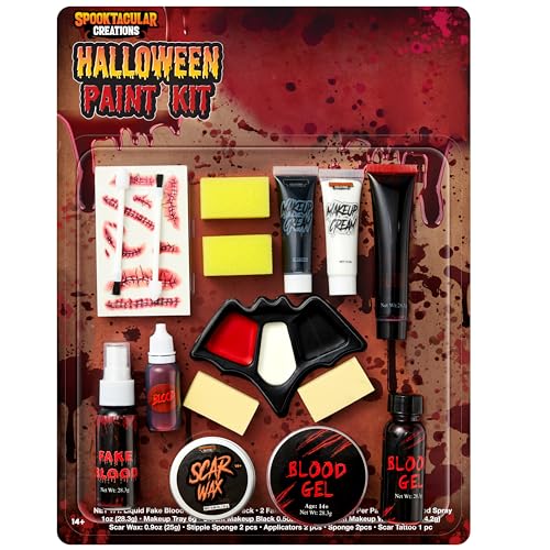 Spooktacular Creations 16 Pcs Halloween Family Makeup Kit Face Body Paint with Liquid Blood Gel, Fake Blood and More Easy On Makeup Set for Zombie Costume Cosplay Halloween Party Supplies