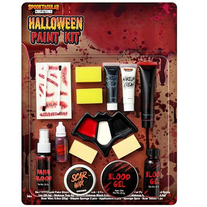 Spooktacular Creations 16 Pcs Halloween Family Makeup Kit Face Body Paint with Liquid Blood Gel, Fake Blood and More Easy On Makeup Set for Zombie Costume Cosplay Halloween Party Supplies