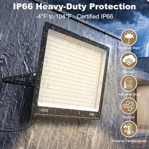 XXBSAZ 400W LED Flood Lights Outdoor 40000LM 6500K Daylight, AC85–277V, High-Power Commercial Work Lights IP66 Waterproof, Stadium Security Lights for Parking Lots Warehouses and Construction
