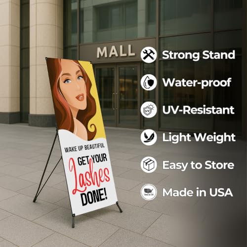 DreamController Lashes & Brows X-Stand Banner by DC | 30"x65" Tripod Display | Wake Up Beautiful Get Your Lashes Done Vertical Banner for Trade Shows & Events | Made in USA | (Stand Not Included) - color: Wake Up Beautiful Get Your Lashes Done, size: X Ba