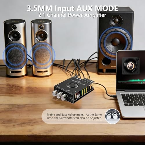 Bluetooth 5.1 Audio Amplifier Board,320W HiFi 2.1 Channel Mini Subwoofer Power Amp Module with Treble & Bass Control with AUX Input,Audio Amp Board for Home DIY Wireles Speaker(with Power Cord) - size: ZK-1602T