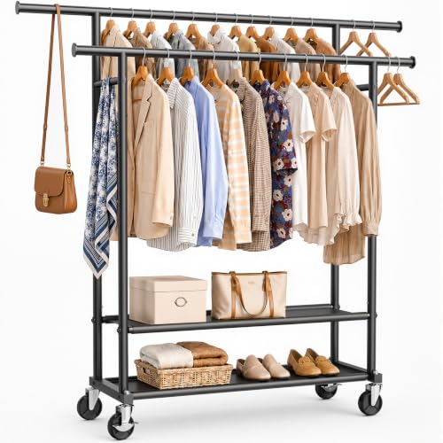 Portable Clothes Rack Rolling Garment Rack with Wheels 260LBS Black