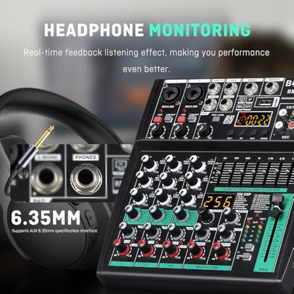 BOMGE Professional DJ audio mixer, 4 channel DJ mixer, Bluetooth sound mixer, supports USB/MP3/BT computer input,256DSP,48V phantom power suitable for DJ studio streaming recording