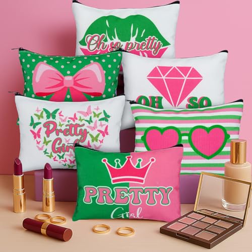 Reginary 12 Pcs Sorority Gifts for Women Pink and Green Sister Makeup Bags | Greek Sorority Cosmetic Bags, Pretty Girl Zipper Pouches, Sister Birthday Friendship Gifts - style: Aka Sorority