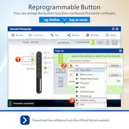 Norwii N76 Bluetooth Presentation Clicker for PowerPoint Presentations | Green laser pointer, USB-C Rechargeable slide clicker, Presentation Remote with Customizable Button and portable pen clip - color: Green - Rechg. - USB-A&BLE